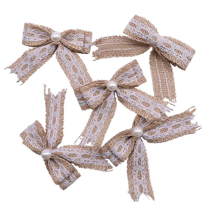 5 Stück Jute-Schleifen mit Spitze in Beige für Vintage-Dekorationen, Hochzeiten und DIY-Bastelprojekte - Bild 3