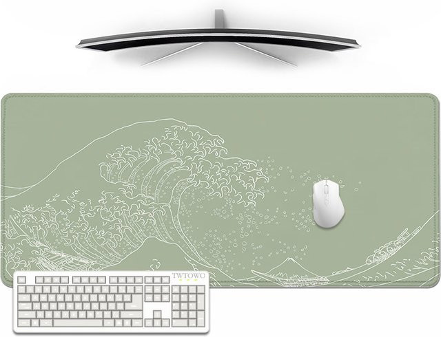 TWTOWO Gamer Mousepad XL in Grün mit japanischem Wellen-Design aus Naturkautschuk - Bild 1
