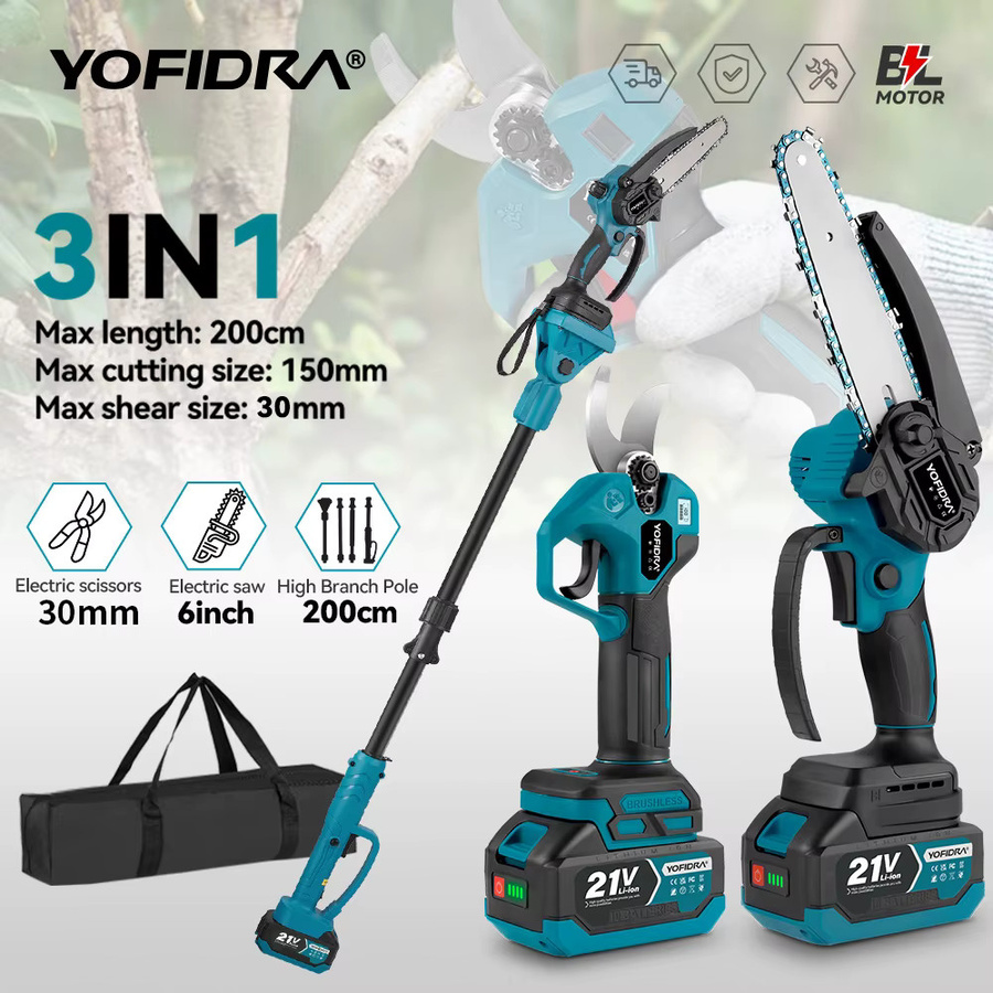 YOFIDRA 3-in-1 Bürstenlose Elektrische Teleskopstange mit Kettensäge und Gartenschere in Blau für Makita 21V und 18V Akku - Bild 4