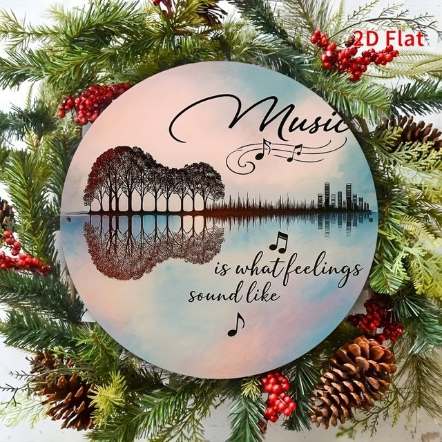 Rundes Aluminiumschild Potdemiel Music Is What Feelings Sound Like in Blaugrün mit Gitarren- und Bäumendesign, Durchmesser: 19,8 cm - Bild 1