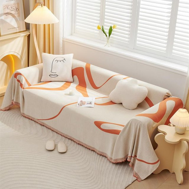 Nordische minimalistische Sofadecke in Beige mit Quasten als Couchschoner für 1-Sitzer, B/B: 180 x 130 cm - Bild 1