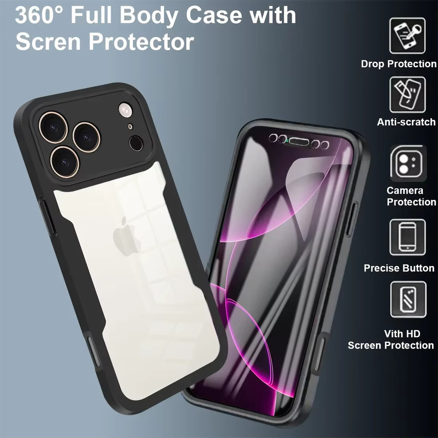 Stoßfeste 360 Grad Dual-Schicht Schutzhülle für Apple iPhone 17 Air 16 15 14 13 12 11 Pro Max Plus in Transparent und Blau mit voller Abdeckung aus TPU - Bild 1