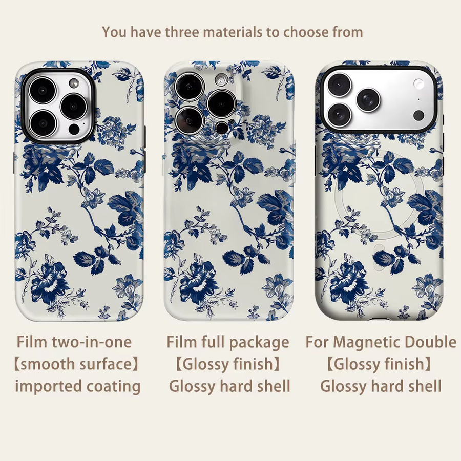 Indigo Floral Magnetische Handyhülle für Apple iPhone 17 16 15 14 13 Pro Max Plus in Blau, robuste doppelschichtige Schutzhülle - Bild 2