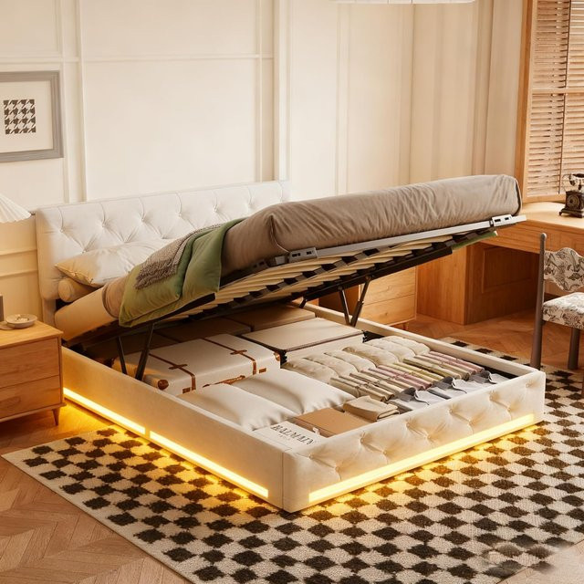 Rosahqnda Hydraulisches Doppelbett mit LED-Unterbettbeleuchtung und höhenverstellbarem Kopfteil, gepolstertes Bett aus Leinen in Weiß, B/T/H: 140-160 x 200 cm, ohne Matratze - Bild 1