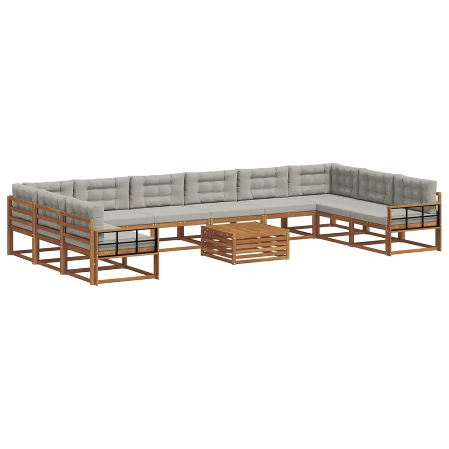 vidaXL Outdoor-Sofagarnitur aus Massivholz in U-Form, 11-teiliges Set mit Kissen in Natur und Hellgrau - Bild 2