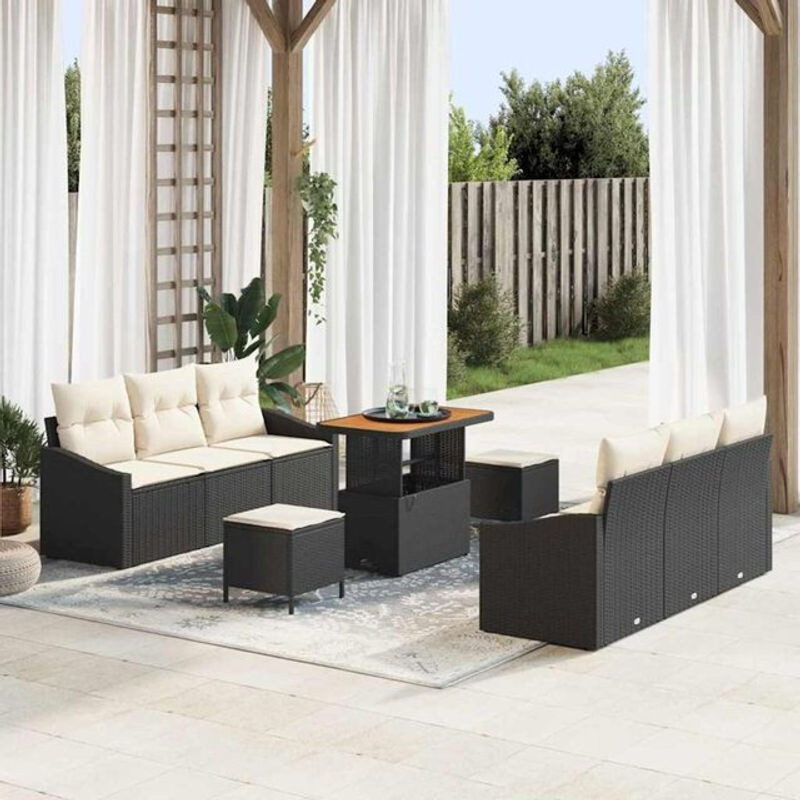 Vidaxl Polyrattan Garten-Sofa-Set mit 9 Teilen und Kissen, Schwarz und Creme, B/T/H: 90 x 55 x 71 cm - Bild 1