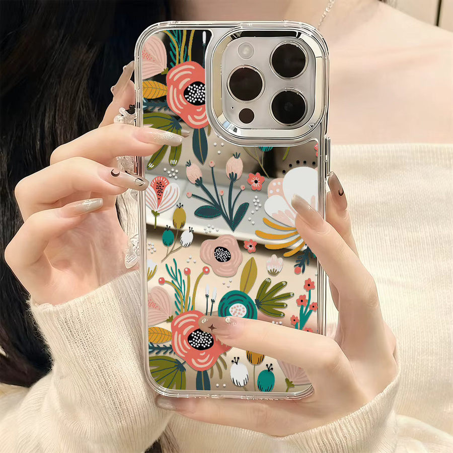 Apple iPhone 16 Pro Max Schutzhülle mit Make-up Spiegel und Blumen Design in Multicolour - Bild 4