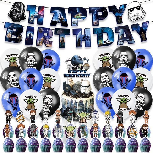 Star Wars Party-Dekorationsset mit Yoda Motiv, Latex- und Folienballons, Happy Birthday Banner und Tortendekoration in Mehrfarbig - Bild 1