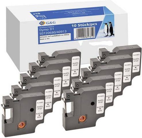 G&G Schriftband für Label Printer, kompatibel mit Dymo D1/40913, Weiß mit schwarzer Schrift, Breite: 9 mm, Länge: 7 m, 10 Stück - Bild 1