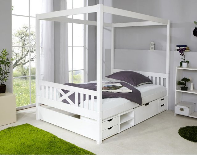 TiCAA Himmelbett Lino aus Kiefer Massivholz in Weiß, B/T/H: 140 x 200 cm - Bild 1