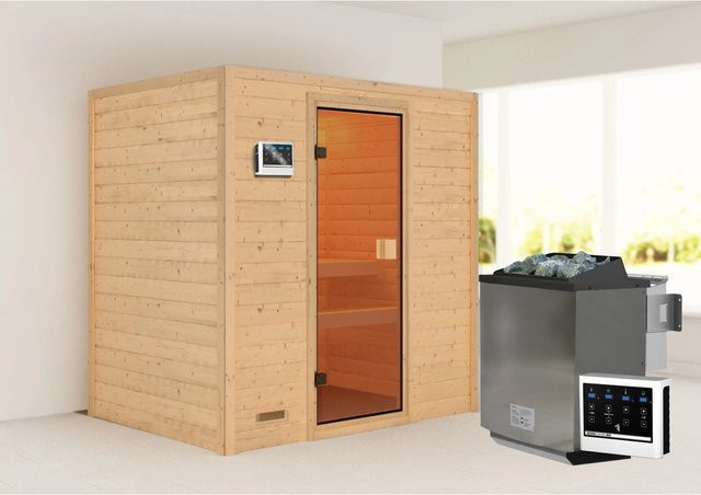 Woodfeeling Massivholzsauna Selena mit 9 kW BioKombiofen und bronzierter Glastür, Farbe Braun, B/T/H: 195 x 145 x 187 cm - Bild 1