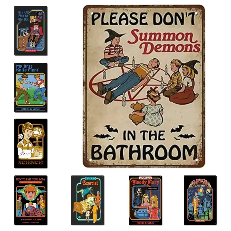 Steven Rhodes Wanddekoration Bitte beschwören Sie Dämonen nicht im Badezimmer Mein erstes Messerkampf Retro Vintage-Stil B/H: 20 x 20 cm - Bild 2