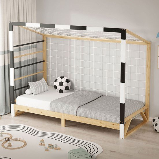 ML-Design Kinderbett Fußballtor aus massivem Kiefernholz mit Lattenrost und Tornetz, B/T/H: 90 x 200 x 165 cm - Bild 1