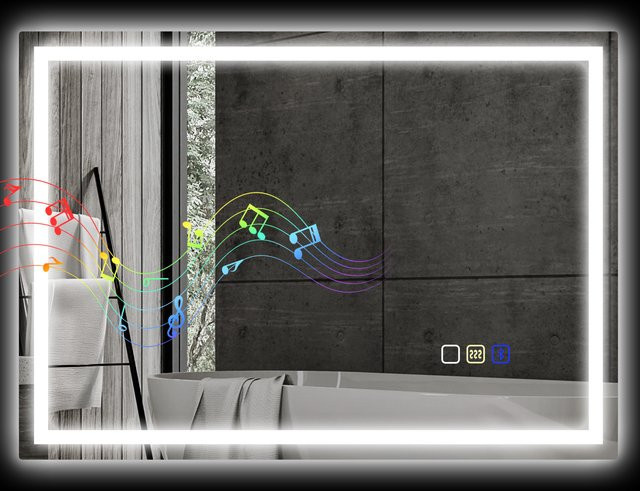 HOMCOM Wandspiegel mit LED-Licht und Bluetooth-Lautsprecher, B: 70 cm, H: 50 cm, 3 Farben, Anti-Beschlag und Touchschalter, Schwarz/Silber - Bild 1