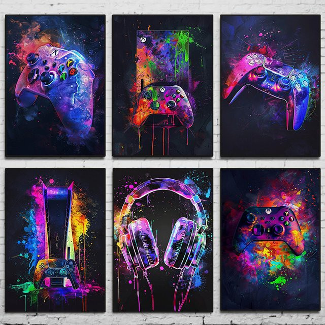 Potdemiel Aquarell Neon Videospiel Poster als Leinwandmalerei für dein Gaming Zimmer in Multicolour - Bild 1