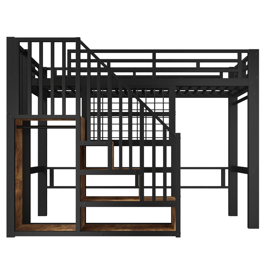 Merax Hochbett aus Metall und MDF mit Treppe, LED-Unterbettbeleuchtung und Seitenfächern, Schwarz, B/T/H: 90 x 200 x 170 cm - Bild 2