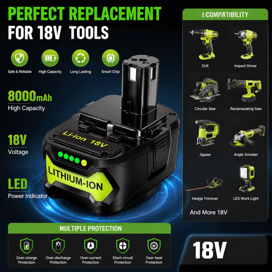 RYOBI Li-Ion Akku P108 18V 8000mAh in Schwarz kompatibel mit P104 P107 RB18L50 RB18L20 Elektrowerkzeugen - Bild 4