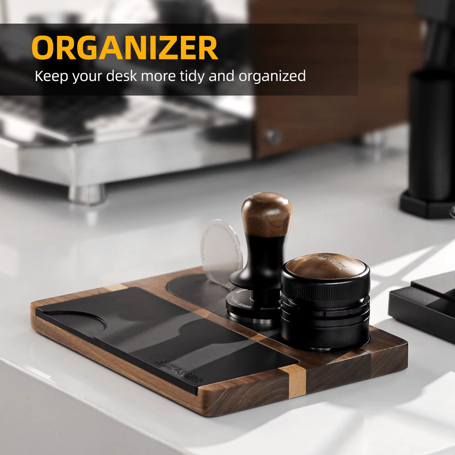 MHW-3BOMBER Espresso-Tampfstation aus Holz mit Silikonmatte, universeller Siebträger-Tampfhalter für 51 mm, 53 mm und 58 mm, Farbe: Braun - Bild 2