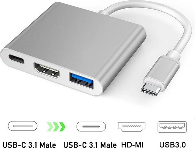 IPUMYNO 3 in 1 USB-C Hub Konverter mit 4K HDMI, USB 3.0 und PD Schnellladefunktion in Schwarz, Grau oder Silber - Bild 1