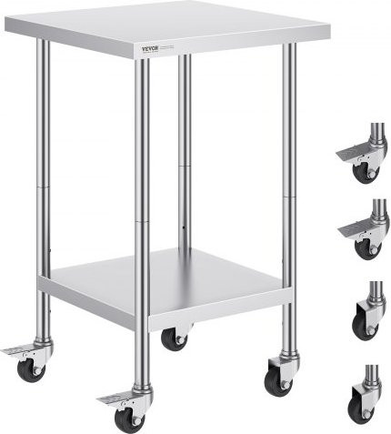 VEVOR Arbeitstisch aus Edelstahl in Silber mit 4 Rollen und höhenverstellbaren Stufen, B/T/H: 61 x 61 x 96,5 cm - Bild 1