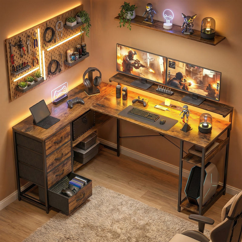 HOMCOM Gaming Schreibtisch L-Form in Rustikal-Braun mit LED-Beleuchtung, Stromanschluss, 4 Schubladen und Monitorständer, B/T/H: 155 x 110 x 91,4 cm - Bild 2