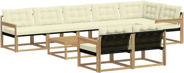 vidaXL Outdoor-Sofagarnitur aus Akazienholz in L-Form, 9-teiliges Set mit Textilene-Bezug und Kissen, Weiß und Beige, B/T/H: 79 x 79 x 37 cm - Bild 1