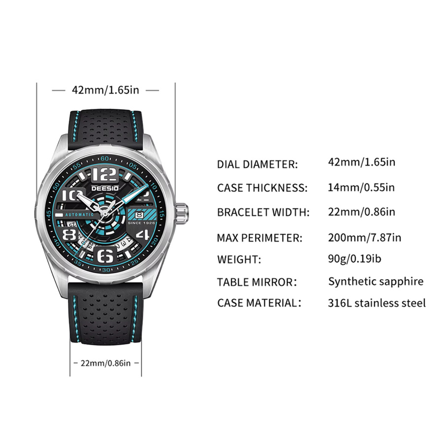 Deesio Armbanduhr Automatik, Edelstahl, Silber, Silikon, Herren - Bild 6
