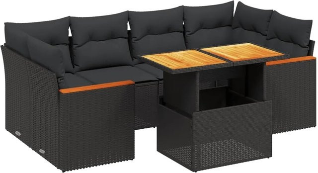 vidaXL 7-tlg. Garten-Sofagarnitur in L-Form aus Poly-Rattan und Akazienholz mit Kissen, Schwarz - Bild 1