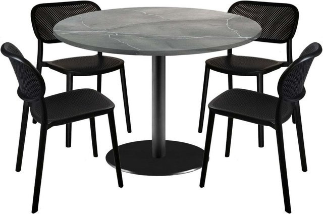 RestooTab Esstisch-Set Rome XL mit 4 Stühlen, runder Esstisch in Grau Blau Marmoriert mit schwarzem Gestell, B/T/H: 120 x 120 x 75 cm - Bild 1