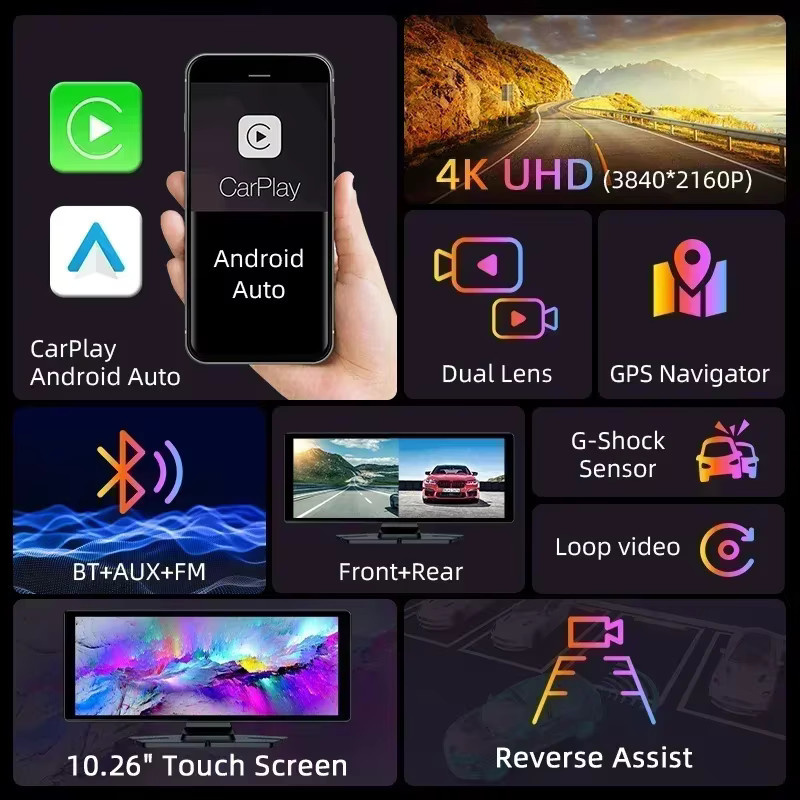 Srnubi 4K Auto Dashcam mit 10,26 Zoll Display, Carplay und Android Auto, Dual Lens Fahrrekorder mit 360 Grad Rotation, WIFI und Bluetooth, Schwarz - Bild 3