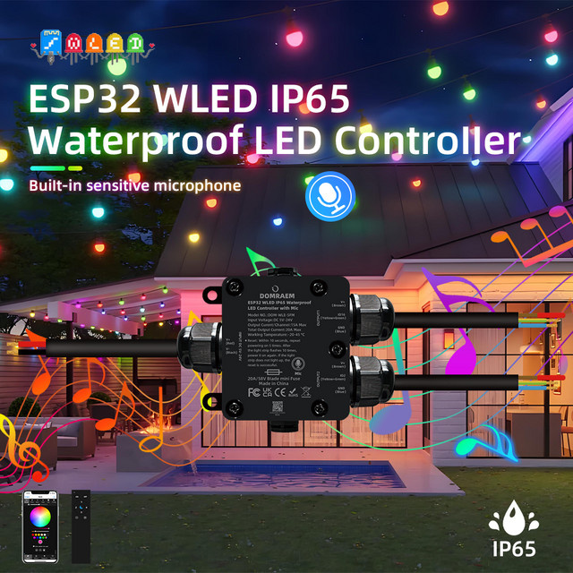 DOMRAEM ESP32 WLED 2CH LED-Controller IP65 wasserdicht in Schwarz mit Musiksynchronisierung für WS281X SK6812 APA102 ICs zur Außenanwendung - Bild 1