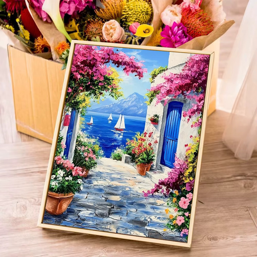 Huacan Diamantmalerei Strandhaus mit Blumen und mediterraner Landschaft, Multicolour, B/H/T: 30 x 20 x 20 cm - Bild 3