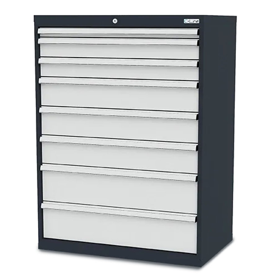 Simplaflex Schubladenschrank aus Stahlblech mit 8 Schubladen und Schloss, grau, B/T/H: 90 x 57,5 x 122 cm - Bild 2