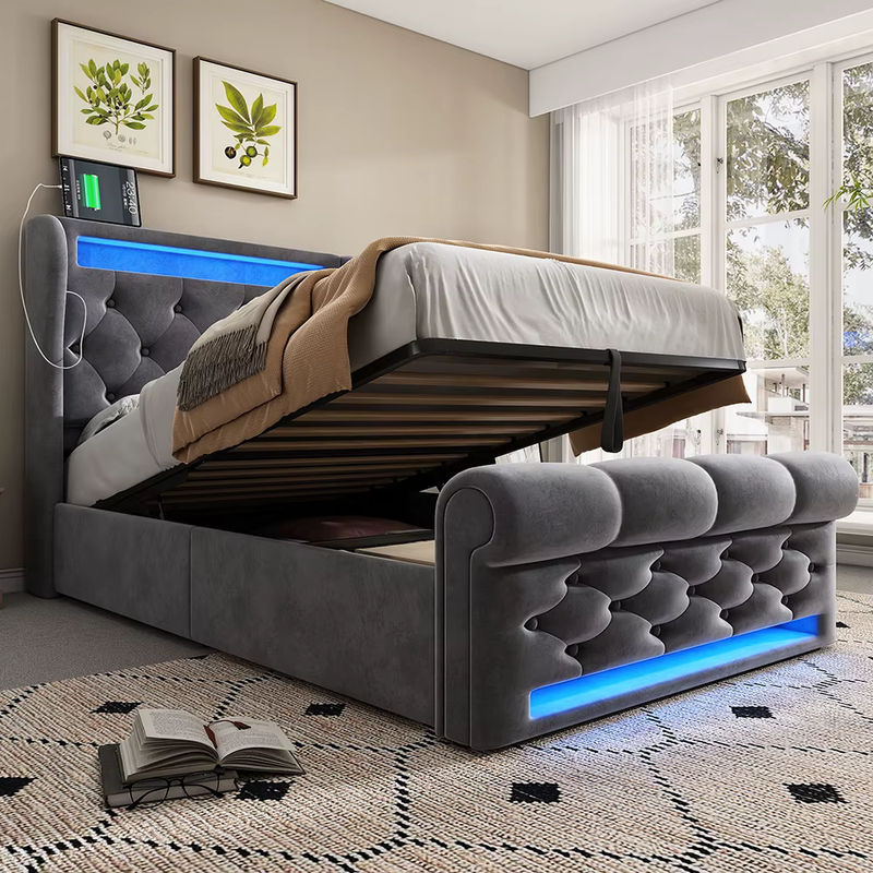 KOMHTOM Modernes Polsterbett Einzelbett in Grau mit LED-Leuchten, USB- und Typ-C-Anschlüssen und hydraulischem Stauraum, B/T/H: 90 x 200 cm - Bild 4