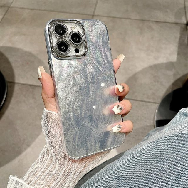 Yiran Handyhülle mit Feder- und Kamelgarn-Muster sowie Laser-Glitzer-Effekt für iPhone 11 bis iPhone 16 Pro Max Plus in Grau - Bild 1