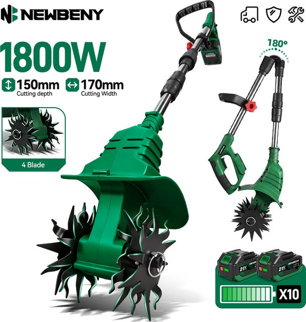 NEWBENY Elektrische Bodenfräse 1800W Tragbarer Rasenmäher und Bodenwender in Grün für Makita 21V Akku - Bild 1