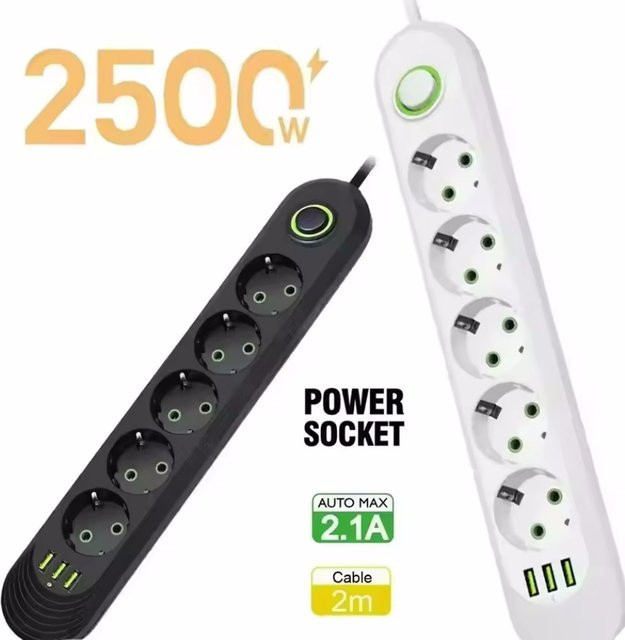 Steckdosenleiste mit 3 USB-Buchsen und Netzwerkfilter in Weiß, 2 m Kabel mit EU-Stecker - Bild 1