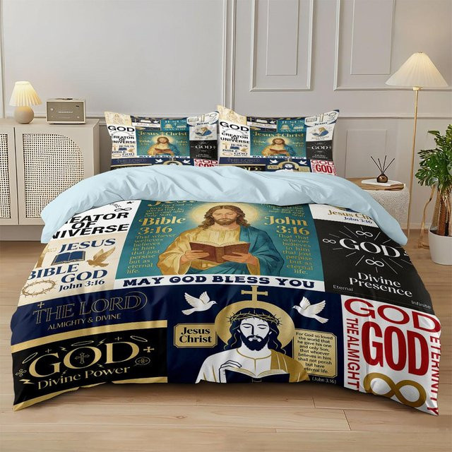 3-teiliges Bettwäsche-Set mit Jesus-Bibel-Print, Mikrofaser-Bettbezug und Kissenbezüge, Mehrfarbig, B/H: 200 x 230 cm - Bild 1