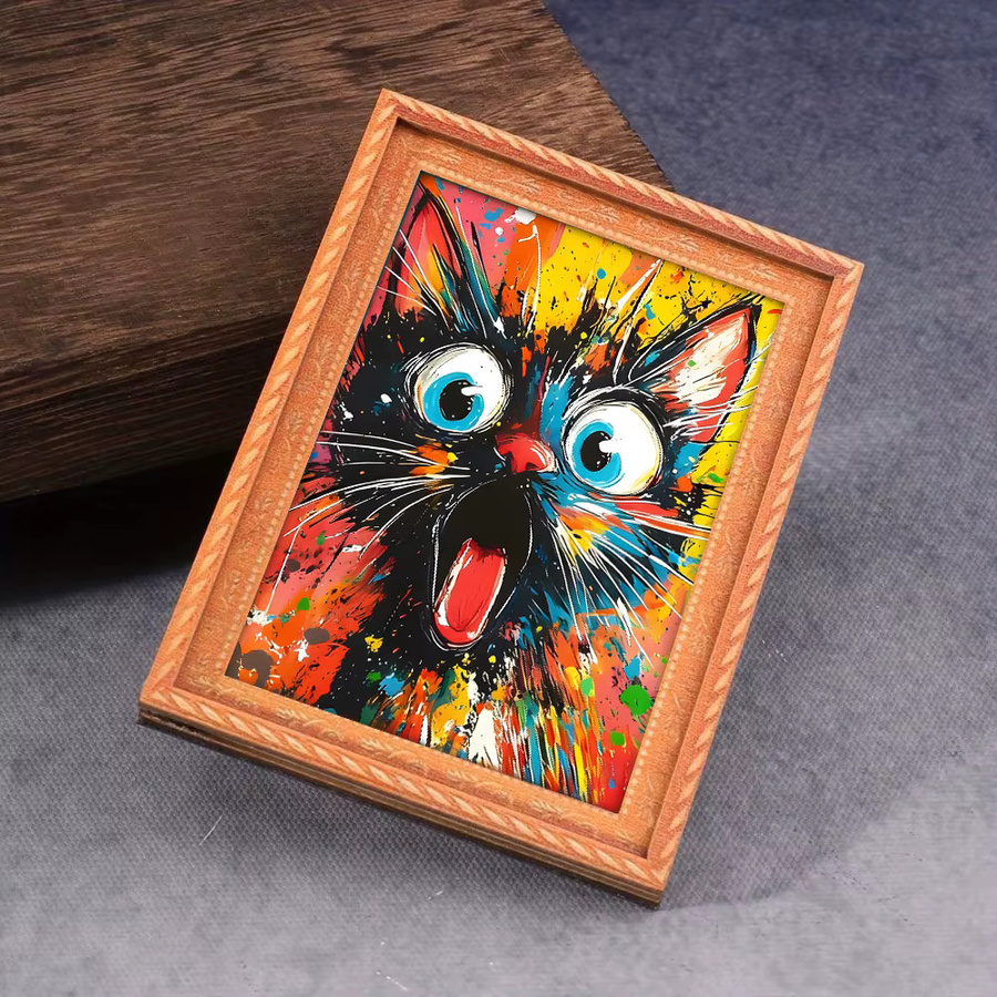 Abstrakter Comic-Katzen-Kühlschrankmagnet aus Holz in Multicolour als Mini-Fotorahmen zur Wanddekoration - Bild 5