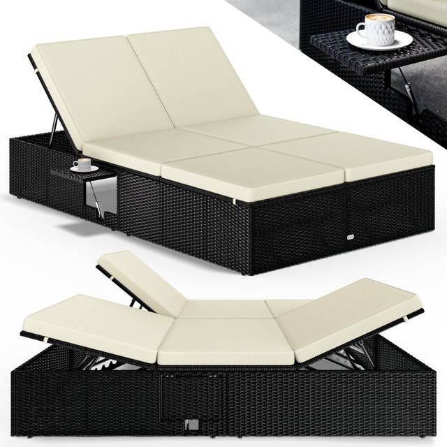 CASARIA Polyrattan Gartenliege Schwarz/Beige mit verstellbarer Kopfstütze und Seitentisch B/T/H: 220 x 115 x 33 cm - Bild 1