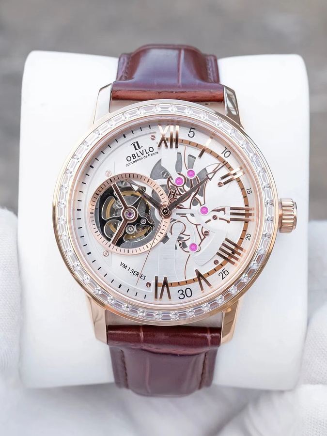 OBLVLO Armbanduhr Automatik, Edelstahl, Roségold, Diamant, Blau, Herren - Bild 4