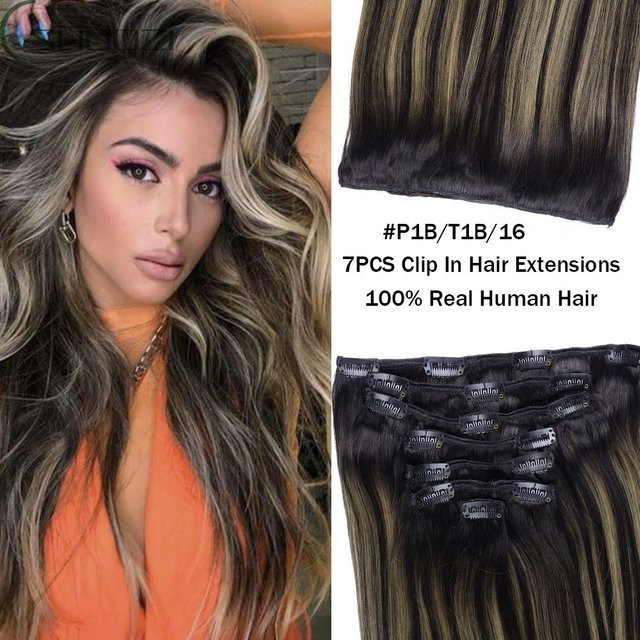 SHUOZI Clip-in-Haarverlängerung aus Echthaar, 7 Stück, Balayage, Schwarz-Goldblond - Bild 1