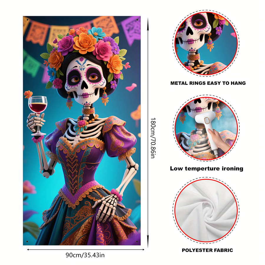 Mexikanisches Tag der Toten und Halloween Party-Banner aus Polyester, Mehrfarbige Wanddekoration mit Blumenmuster, B/H: 90 x 180 cm - Bild 2
