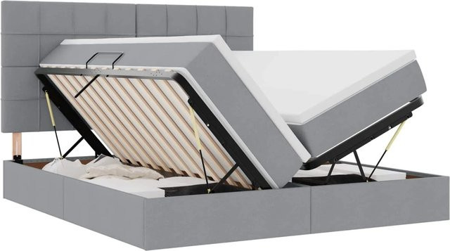 vidaXL Bett mit LED-Lichtleisten in Hellgrau mit Lift-up-Basis aus Stoff und Metall, B/T: 200 x 200 cm - Bild 1