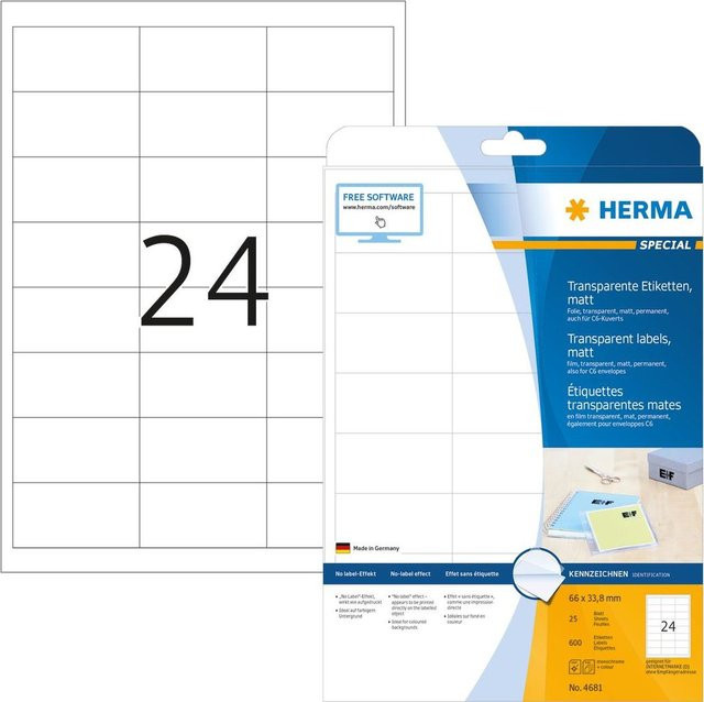 Herma SuperPrint Transparente matte Folien-Etiketten aus Polyesterfolie für Laser und Multipurpose, A4, 600 Stück - Bild 1