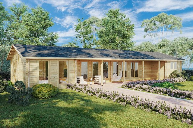 Ferienblockhaus Holiday L aus Holz mit 3 Schlafzimmern und 96 m² Wohnfläche, Maße: B: 18 m, T: 7 m - Bild 1