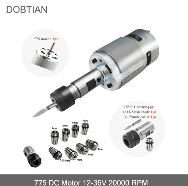 Dobtian 775 DC Spindelmotor mit Kugellager und ER11 Verlängerungsstange, 12-36 V, 20000 U/min, Farbe: Silber - Bild 1