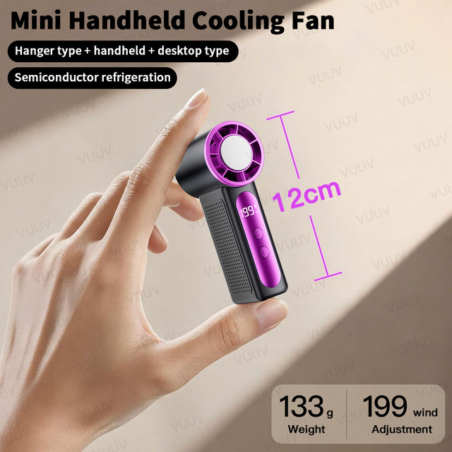 VUUV Tragbarer Mini-Ventilator in Grau mit 2000 mAh Akku, wiederaufladbar, 5 Geschwindigkeitsstufen und LED-Digitalanzeige - Bild 1