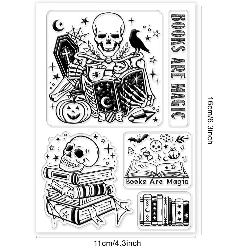 Transparenter Silikonstempel mit Halloween Skelett und magischen Büchern für DIY Scrapbooking - Bild 3