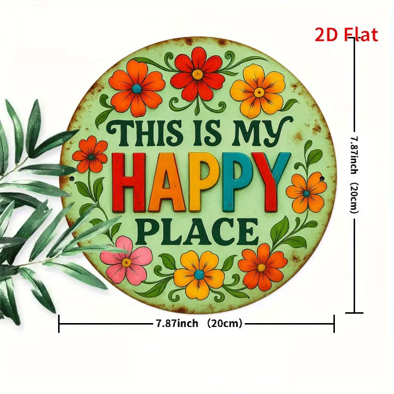 Potdemiel Vintage Rundes Eisenschild This is My Happy Place mit bunten Blumen, Durchmesser: 20,32 cm, Rustikale Wanddekoration aus Metall - Bild 2